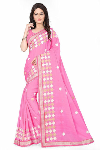 Pink Color Chiffon Sarees With Embroidery Work S033