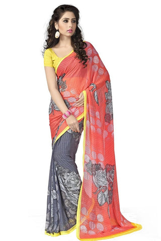 Orange & Grey Color Chiffon Saree With Rose Print Work S090