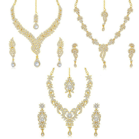 Brass Gold 3 Pieces New Fashion Designer Necklace Set Strand Necklace With Earrings Set