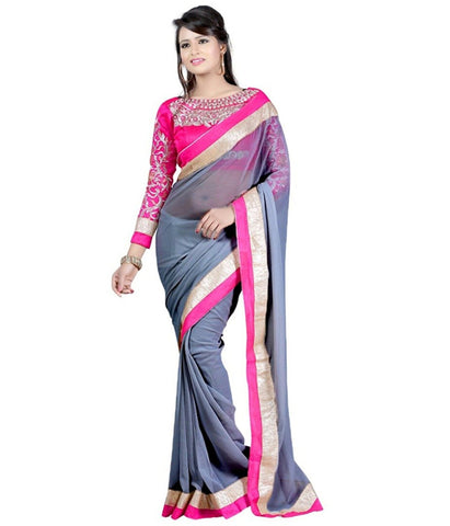 Designer Dazzling Original Grey Saree With Unstiched Embroidered Blouse