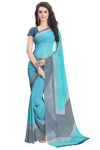 Skyblue Color Chiffon Saree With Checks Print Work S088