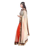 Designer Women's Cream & Orange Color Half And Half Net Saree Border Party Wear Saree