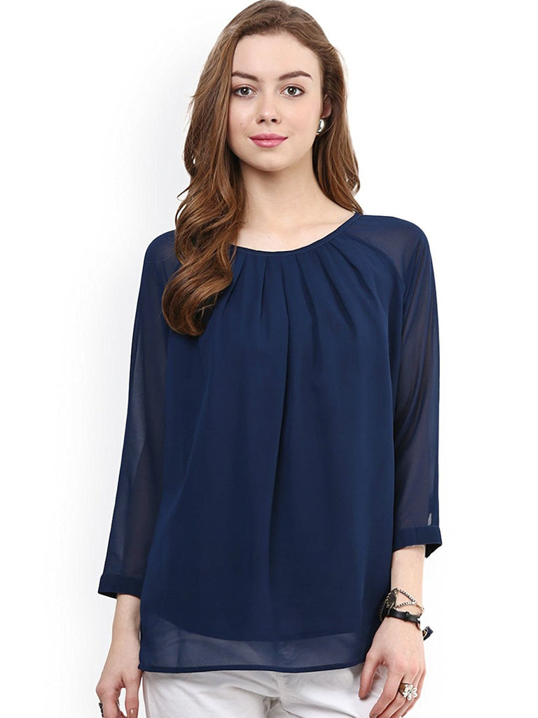 Buy Online Blue Solid Color Georgette Top For Women Round Neck