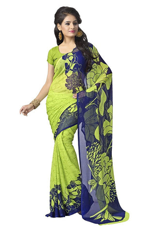 Tradional Green & Blue Color Floral Print Chiffon Sarees S095