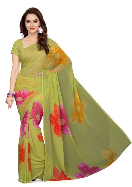 Green Color Georgette Sarees With Floral Print Work S074