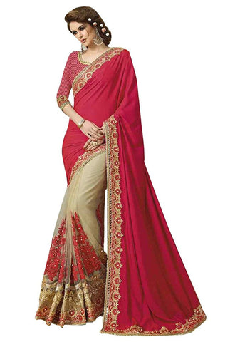 Royal Looking Red and Chiku Color Embroidered and Net Fancy Designer Wedding Saree