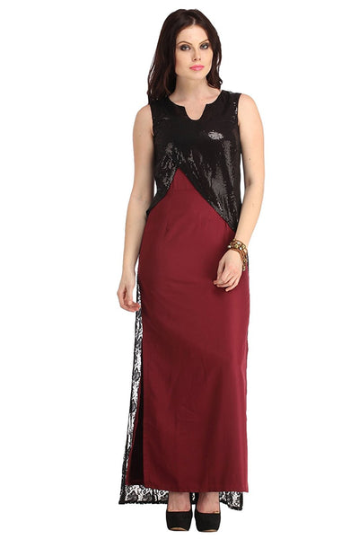 Latest Maroon Black Sheer Lace Cape Maxi Dress With Sequene Yoke