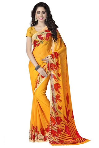 Yellow Color Printed Chiffon Sarees With Floral Print Work S054
