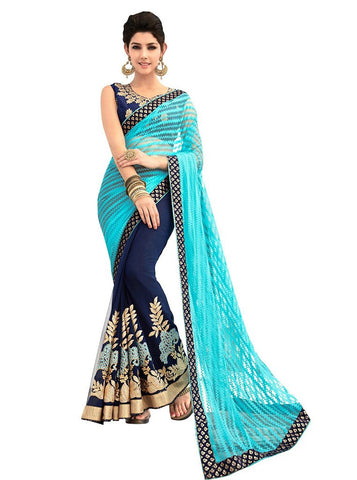 Women's Blue Colored Net And Georgette Saree Party Wear Net Saree