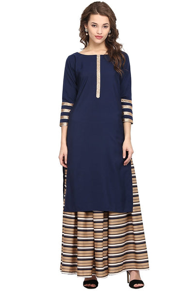 Latest Long Skirt With Kurti Navy Blue Color Long Kurti With Striped Design Skirt