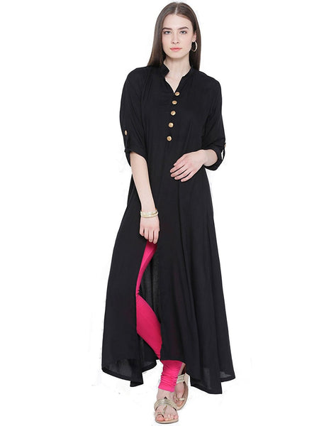 black-color-plain-casual-long-kurta-with-front-open-&-golden-toggle-work-a065