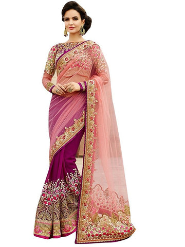 Designer Mono Net, Georgette Rani Pink Nylon Net Saree Fancy Embroidered Sarees For Women Party Wear Designer Saree