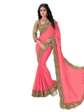 Latest Designer Party-wear Pink Colored Wedding Heavy Embroidered Sari Georgette Sari With Embroidery And Cut Work Border Women's Heavy Wedding Wear Sari with Embroidered blouse
