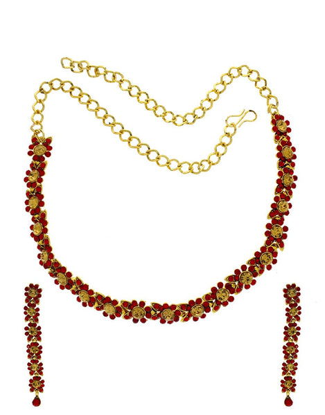 Designer Jewellery  Golden Colour Red Colour Stone Delicate Stylish Koren Necklace Set For Women