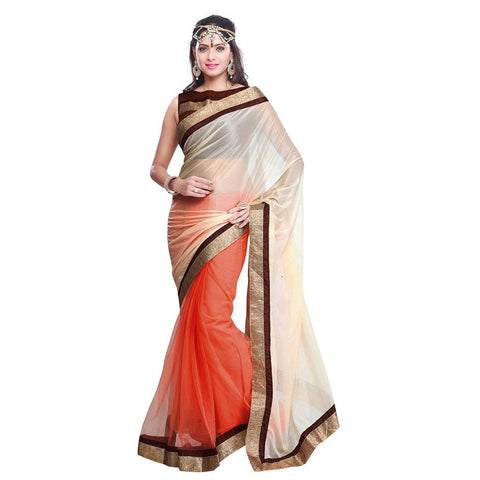 Designer Women's Cream & Orange Color Half And Half Net Saree Border Party Wear Saree