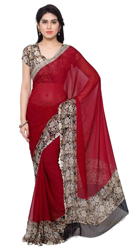 Red Floral Print Saree Online | USA UK Ontario Free Shipping Ramadan Sale |  Satin saree, Floral print sarees, Sarees for girls