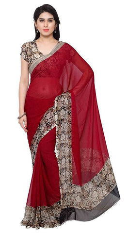 Red Color Plain Chiffon Sarees With Floral Border Work S051