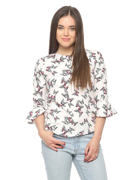 White Color Casual Tops Polycrepe Butterfly Print Top For Girls Ladyindia80