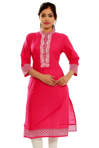 Casual Pink Cotton Kurta kurti With Embroidered Straight Cotton Kurtis