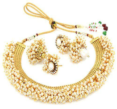 Exclusive Gold Plated Pearl Studded Traditional Temple Necklace Set / Jewellery Set With Earrings