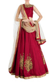 Designer Ruby Red Lehenga Choli & Golden Net Dupatta Set From Indain Fashion Designer Collection