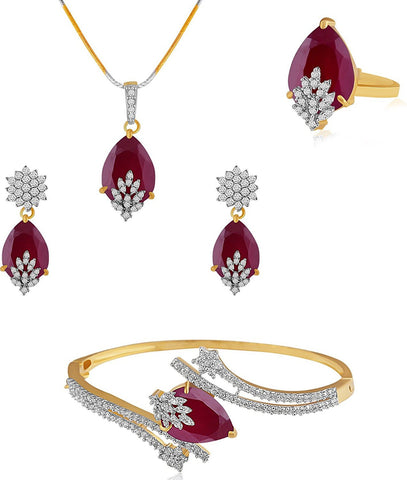 American Diamond Combo Of Pendant Set / Necklace Set With Earrings, Bracelet And Ring For Girls And Women