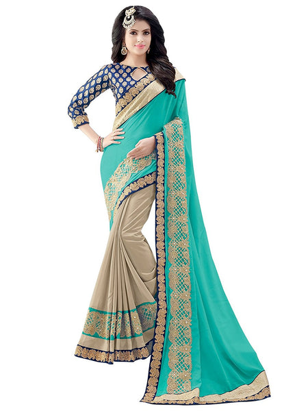 Women's Blue and Beige Faux Georgette Heavy Embroidery Wedding Wear Saree with Embroidered blouse