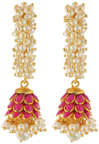 Rajasthani Traditions Pink Stone Studded Pearl Cluster Jhumki Earrings For Women & Girls