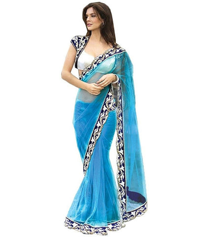 Sky Blue Net Saree With Embroidered Lace Border Work