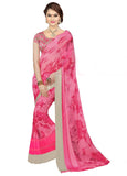 Trendy Pink Color Georgette Sarees With Floral Print & Silver Lace Border Work S050