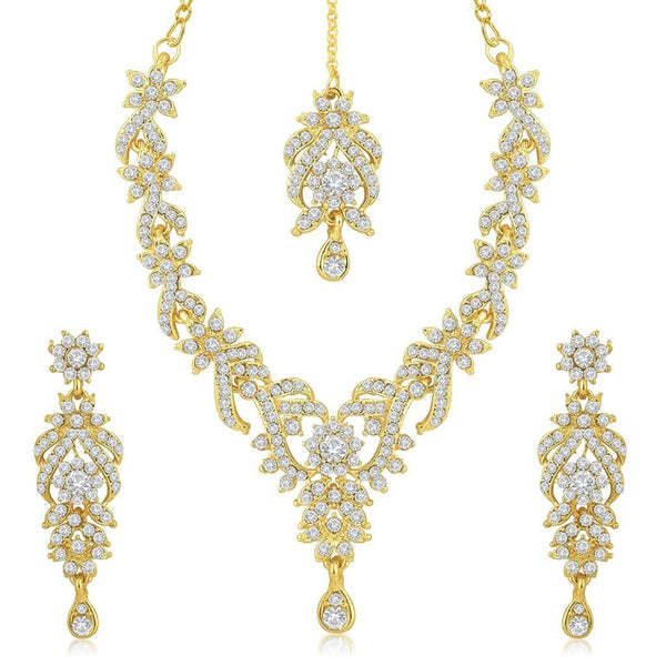 Gold Plated Australian Diamond Choker Necklace With Drop Earrings And Mangtikka Set For Women