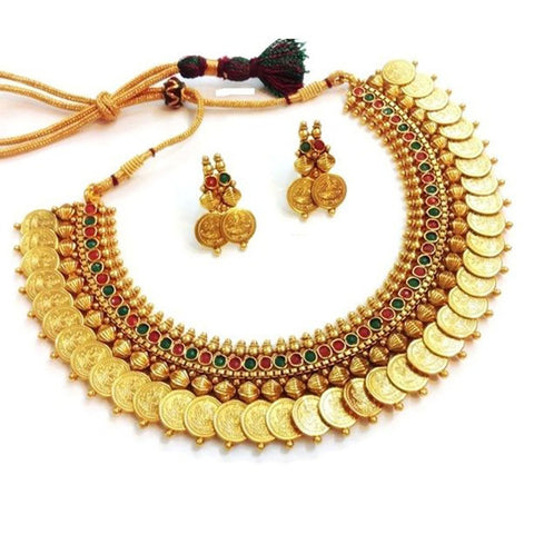 Traditional Red And Green Temple Coin Necklace Set/Jewellery Set With Earrings For Women