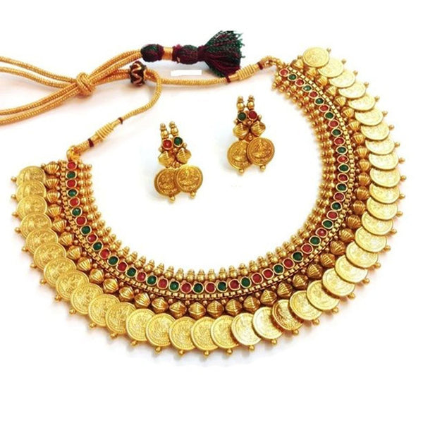 Traditional Red And Green Temple Coin Necklace Set/Jewellery Set With Earrings For Women