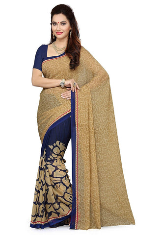 Cream & Navy Blue Color Faux Georgette Saree With Printed Work  S077