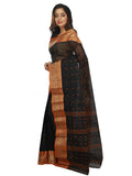 black-&-orange-bengal-cotton-handloom-sarees-with-booti-and-golden-floral-border