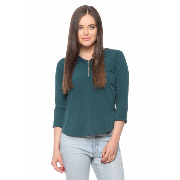 Online Shopping Dark Green Plain Polycrepe Casual Tops With Front Zip Ladyindia85