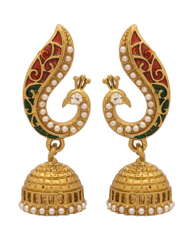 Peacock Inspired Designer Jhumki Gold Plated Big Earrings For Women