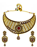 Designer Golden Colour Styled With Maroon Colour Dazzling Flower Styled Traditional Necklace Set For Women 