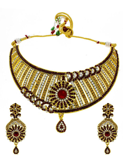 Designer Golden Colour Styled With Maroon Colour Dazzling Flower Styled Traditional Necklace Set For Women 