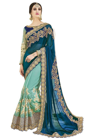 Wedding Royal Looking Blue and Sky Blue Color Georgette and Net Fancy Designer Saree