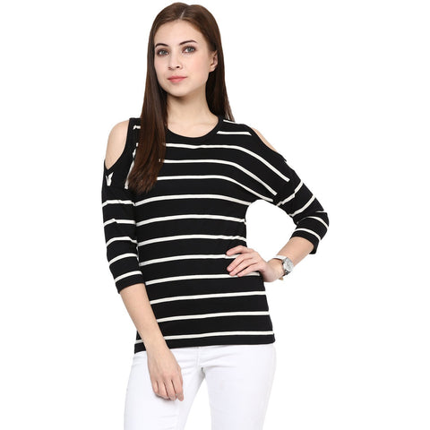 Black and White Stripe Round Neck Cotton T-shirt For Women Designer Top For Women