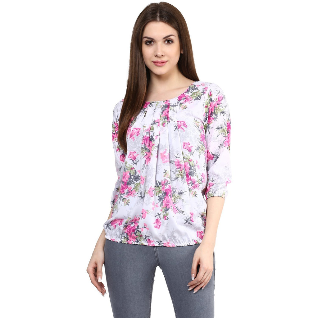 Online Shop Pink & White Georgette Printed Tops For Girl With Floral Print  – Lady India
