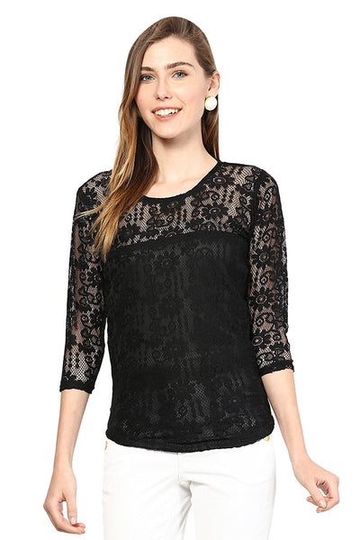 Partywear Tops Black Color Stylish Net Top With Floral Design Ladyindia79