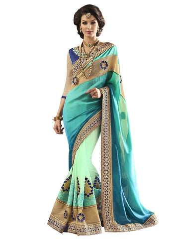 Designer Poly Satin Net Blue Zari Embroidery ,Sequins, Border Party Wear Net Saree Embroidered Saree