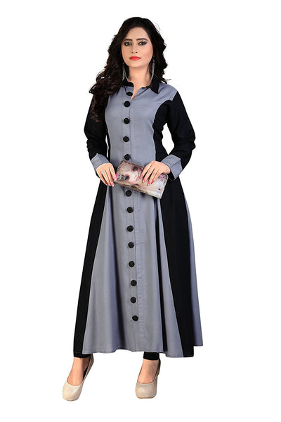 Latest Designer Princess Cut Kurti. Black & Grey Rayon Partywear Kurti With Handcrafted Buttons Full Sleeve & Size