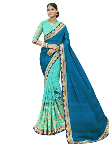 Designer Green Faux Georgette Party Wear Wedding Saree With Zari Embroidery,Stone,Sequins,Patch Work,Border Saree
