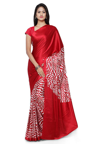 Designer Red Crepe Silk Saree Printed Sarees White Ehnic Print