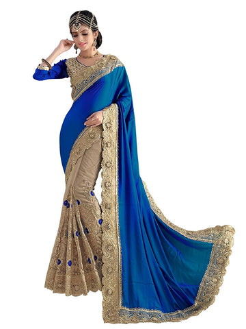 Women's Blue & Beige Silk And Net Heavy Embroidery Party Wear Net Saree With Embroidered Blouse Piece