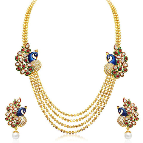 Designer Jewellery Gold Plated Multi Strand Necklace With Drop Earring For Women