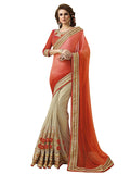 Designer Multicolour Faux Chiffon and Lycra Net Orange Embroidered Wedding Wear Net Saree With Blouse Piece